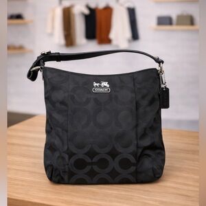 Coach Black Signature Nylon Shoulder Bag Silver Hardware
Red interior lining